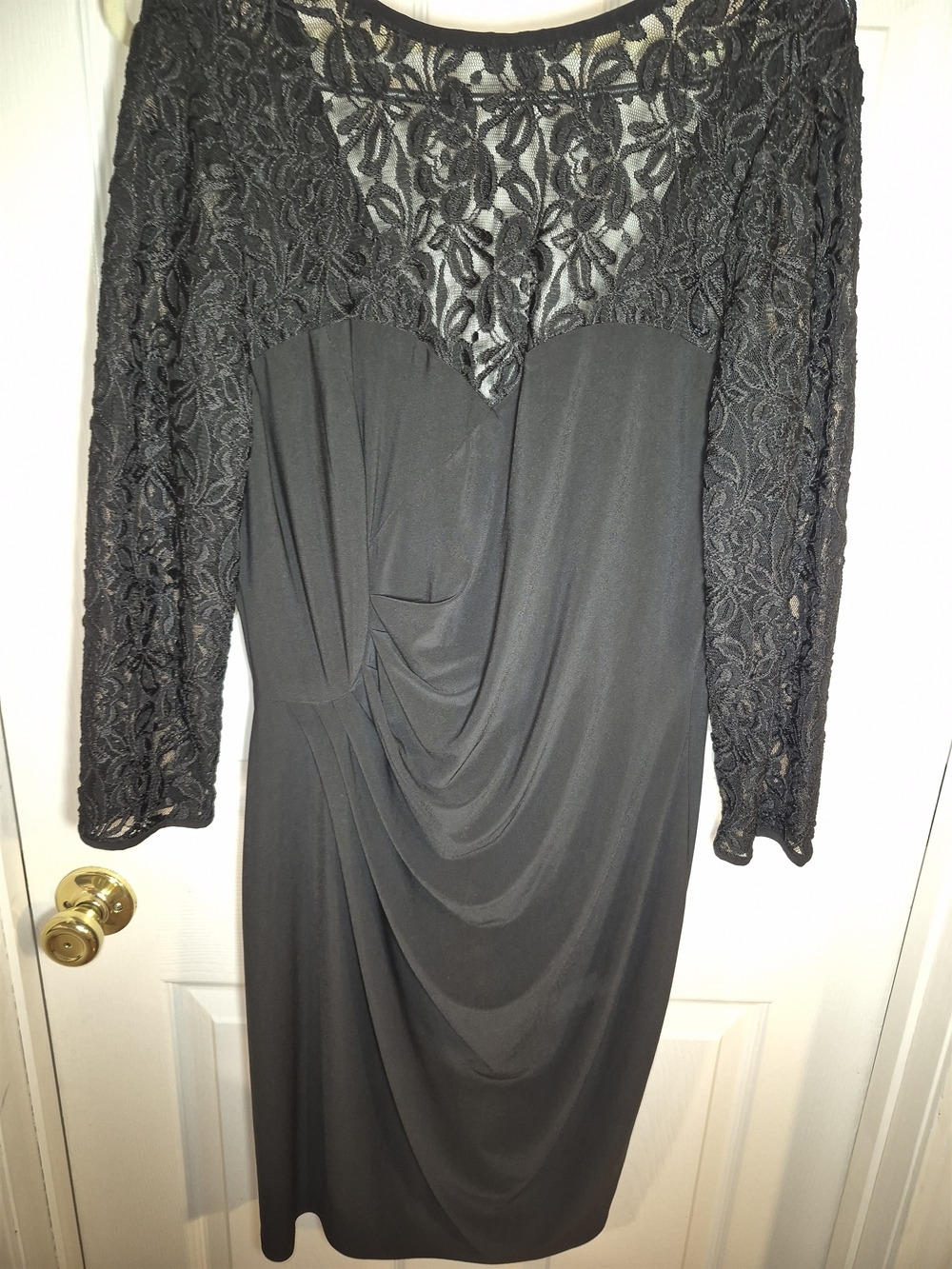 Evan Picone Black Lace-Sleeve Draped Evening Dress